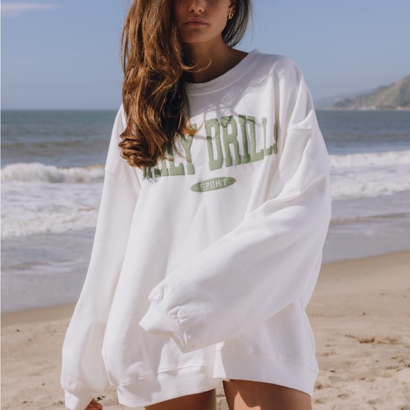 Daily Drills Tops - Daily Drills Oversized Sport Crew - Raw White with DD Green